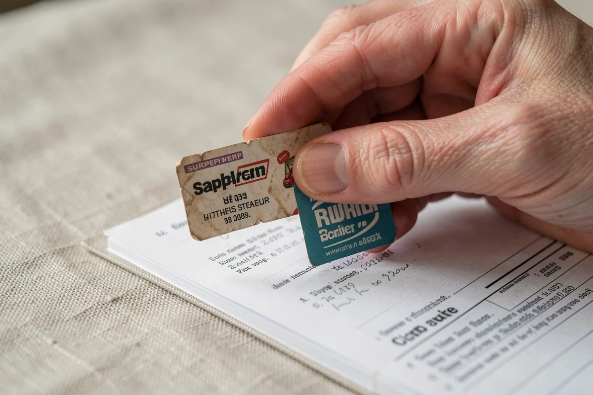 Gros plan sur des vignettes Intermarché dont l'une est illisible posées sur un carnet de collecte