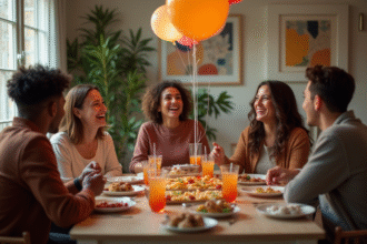 Groupe d'amis riant autour d'une table festive