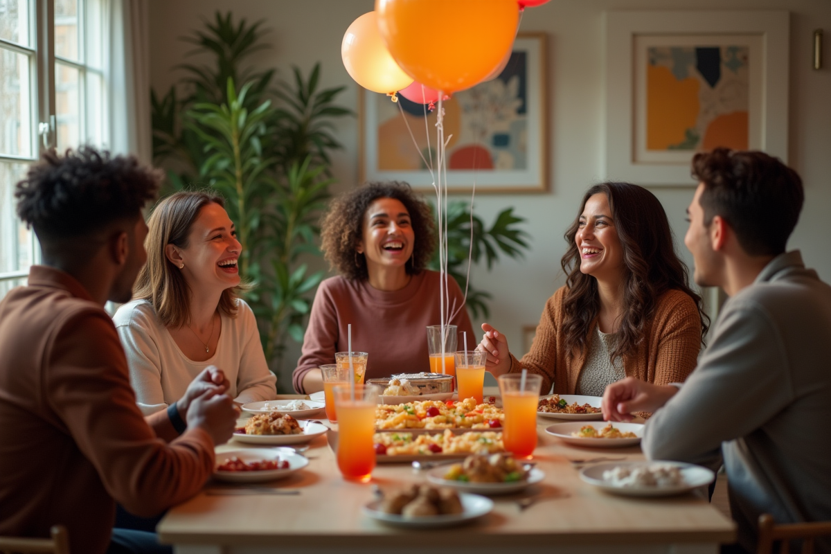 Groupe d'amis riant autour d'une table festive