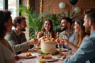 Groupe d'amis en fête dans un loft moderne avec apéritifs