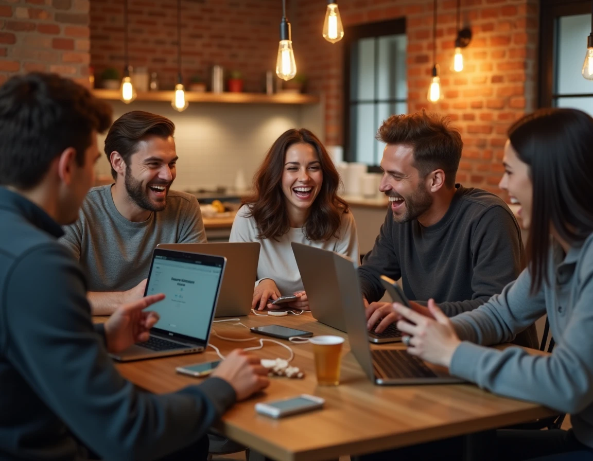 Groupe d'amis jouant ensemble à un jeu de bombe de mots en ligne autour d'une table dans un appartement moderne