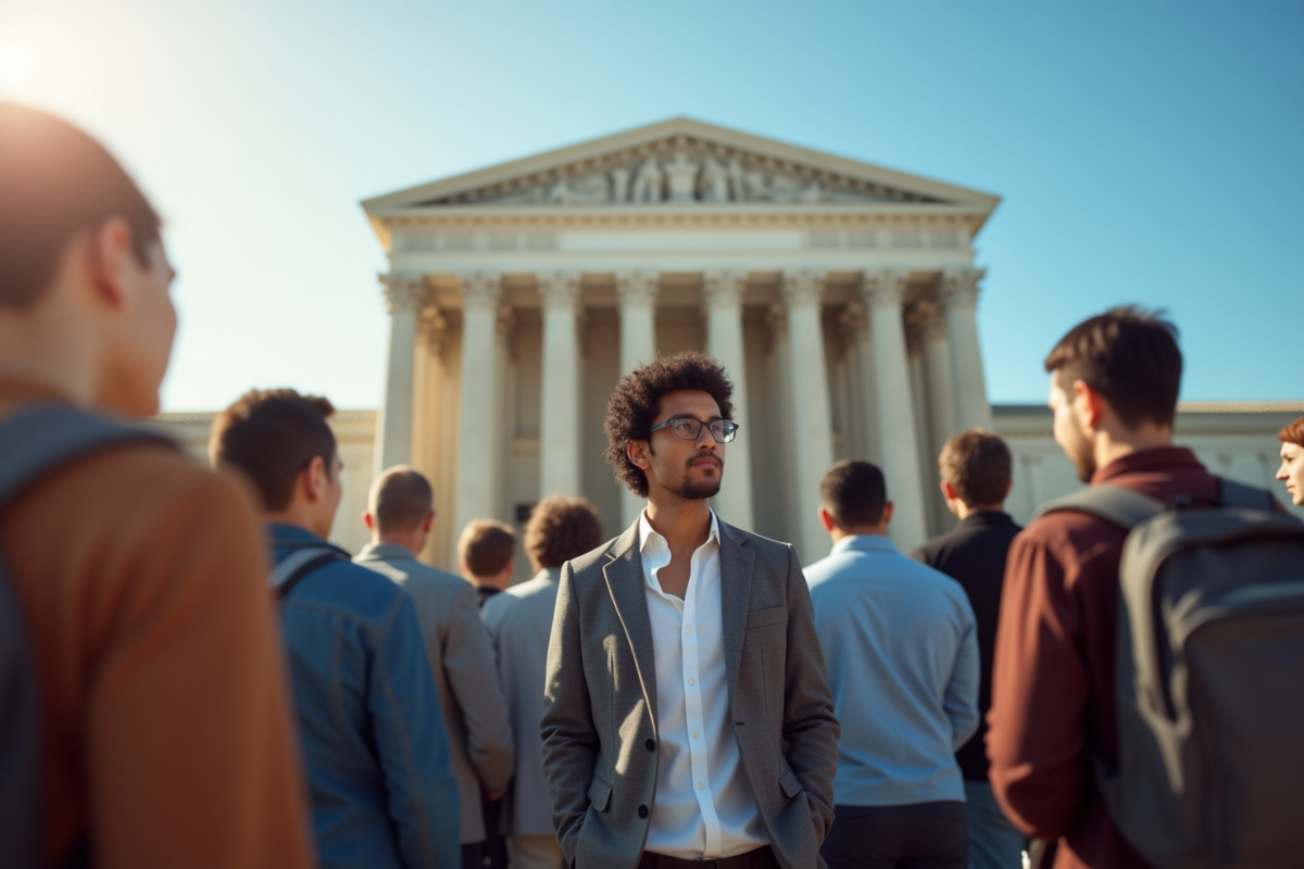 Groupe de personnes devant un palais de justice en plein jour