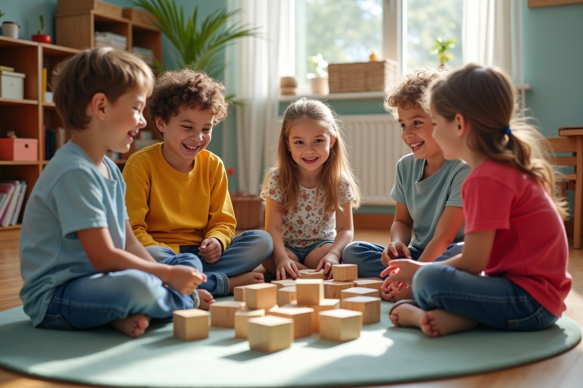 Enfants en cercle jouant avec des blocs éducatifs dans une classe