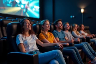 Groupe d'amis dans une salle 4DX immersive en action