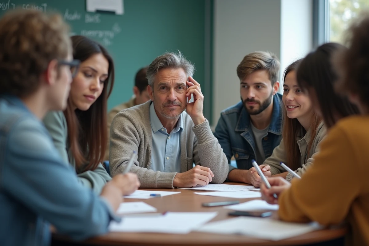 Jeunes adultes en classe autour d