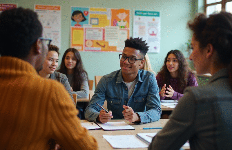 Groupe de jeunes en discussion en classe avec affiches éducatives