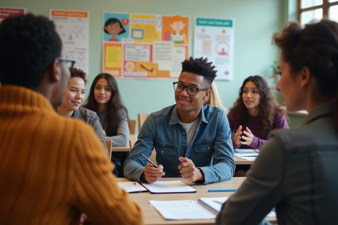Groupe de jeunes en discussion en classe avec affiches éducatives