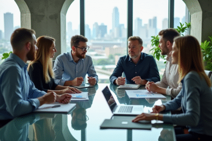 Groupe de professionnels en réunion dans un bureau moderne