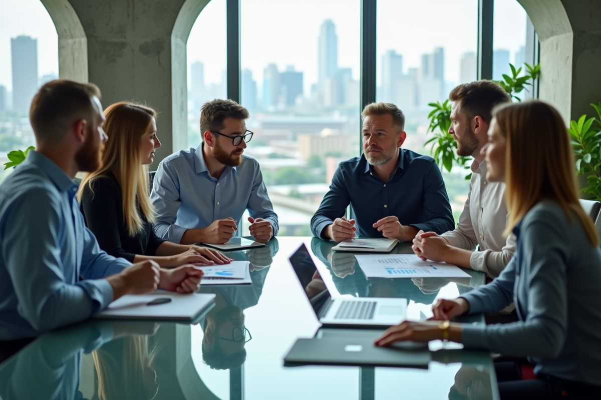 Groupe de professionnels en réunion dans un bureau moderne