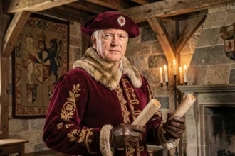 Reconstitution historique d'Henri VIII en costume Tudor dans une grande salle médiévale tenant un parchemin royal scellé à la cire