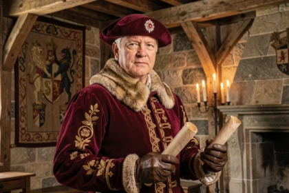 Reconstitution historique d'Henri VIII en costume Tudor dans une grande salle médiévale tenant un parchemin royal scellé à la cire