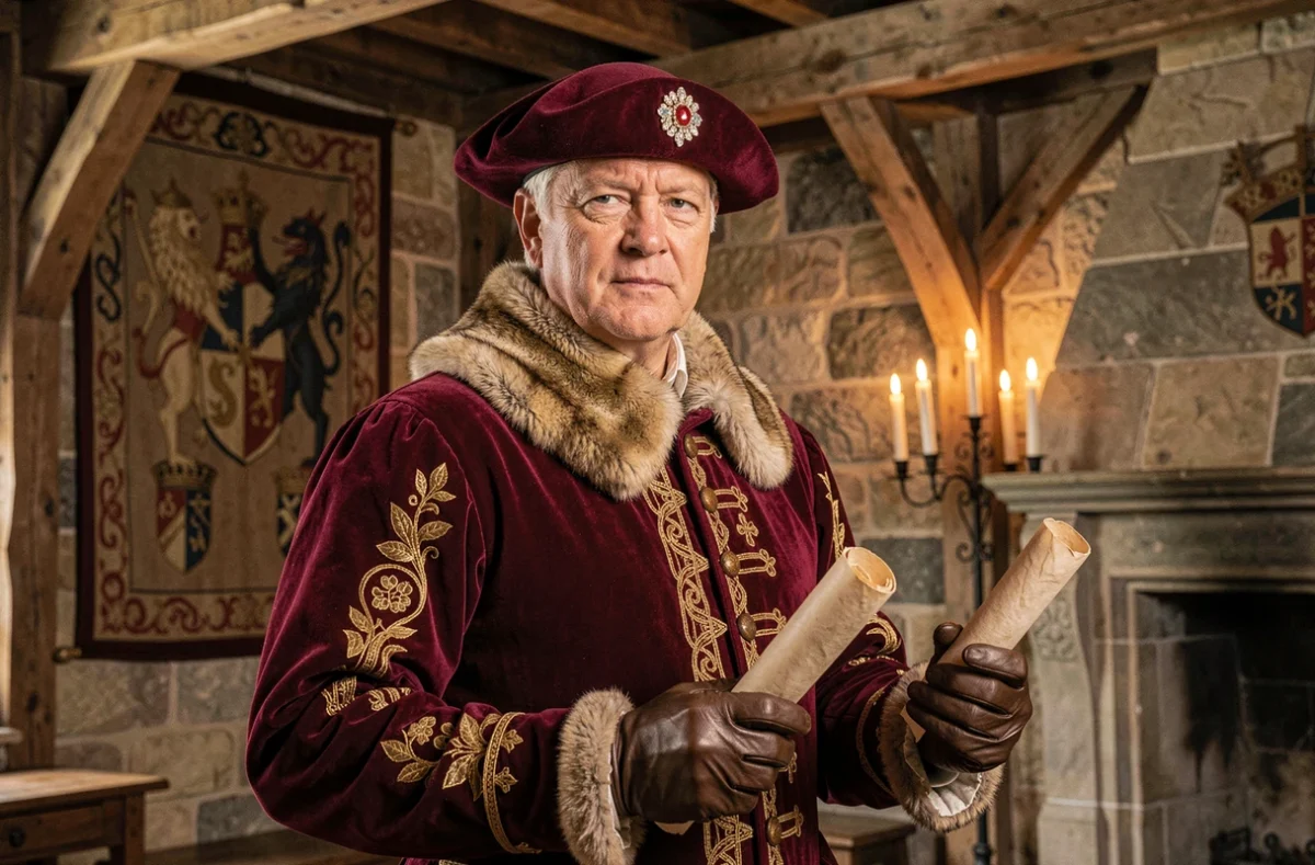 Reconstitution historique d'Henri VIII en costume Tudor dans une grande salle médiévale tenant un parchemin royal scellé à la cire