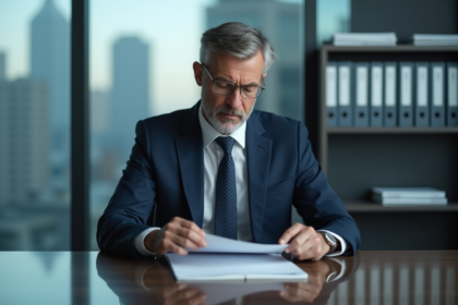 Homme d'affaires en costume navy dans un bureau moderne