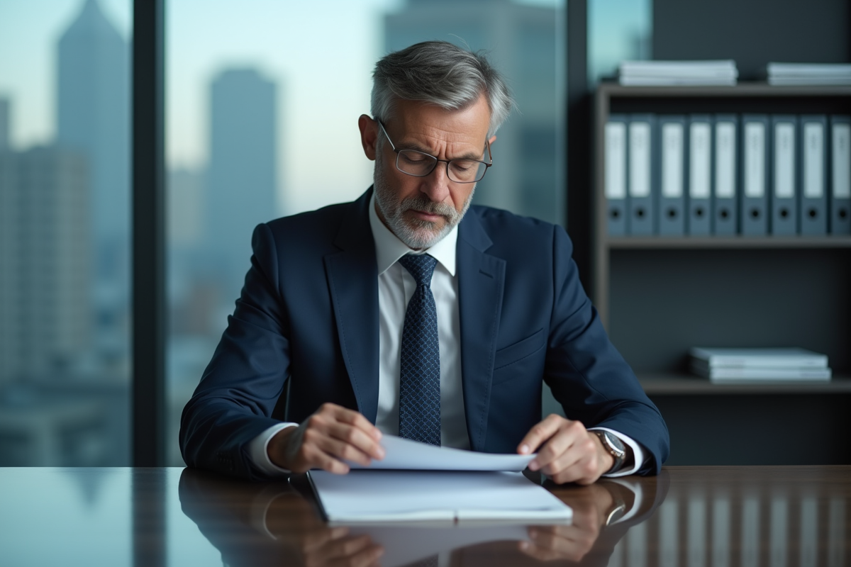 Homme d'affaires en costume navy dans un bureau moderne