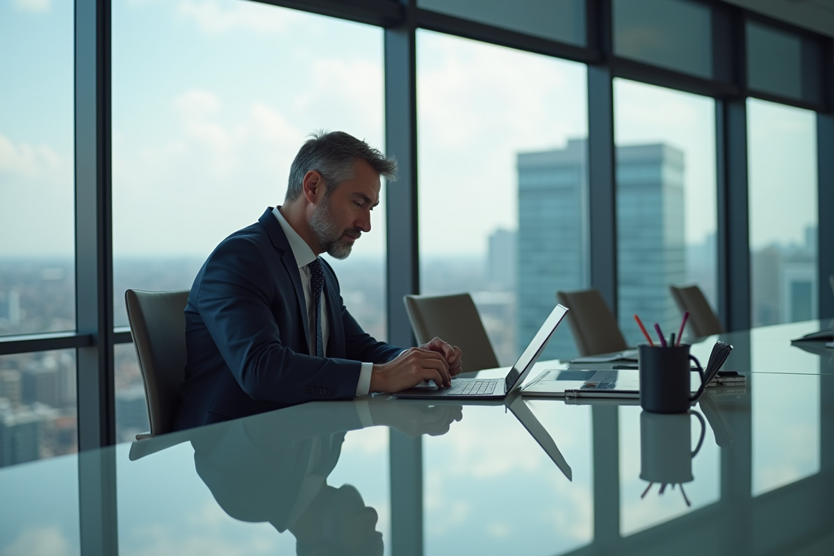 Homme d affaires en réunion avec tablette dans un bureau moderne