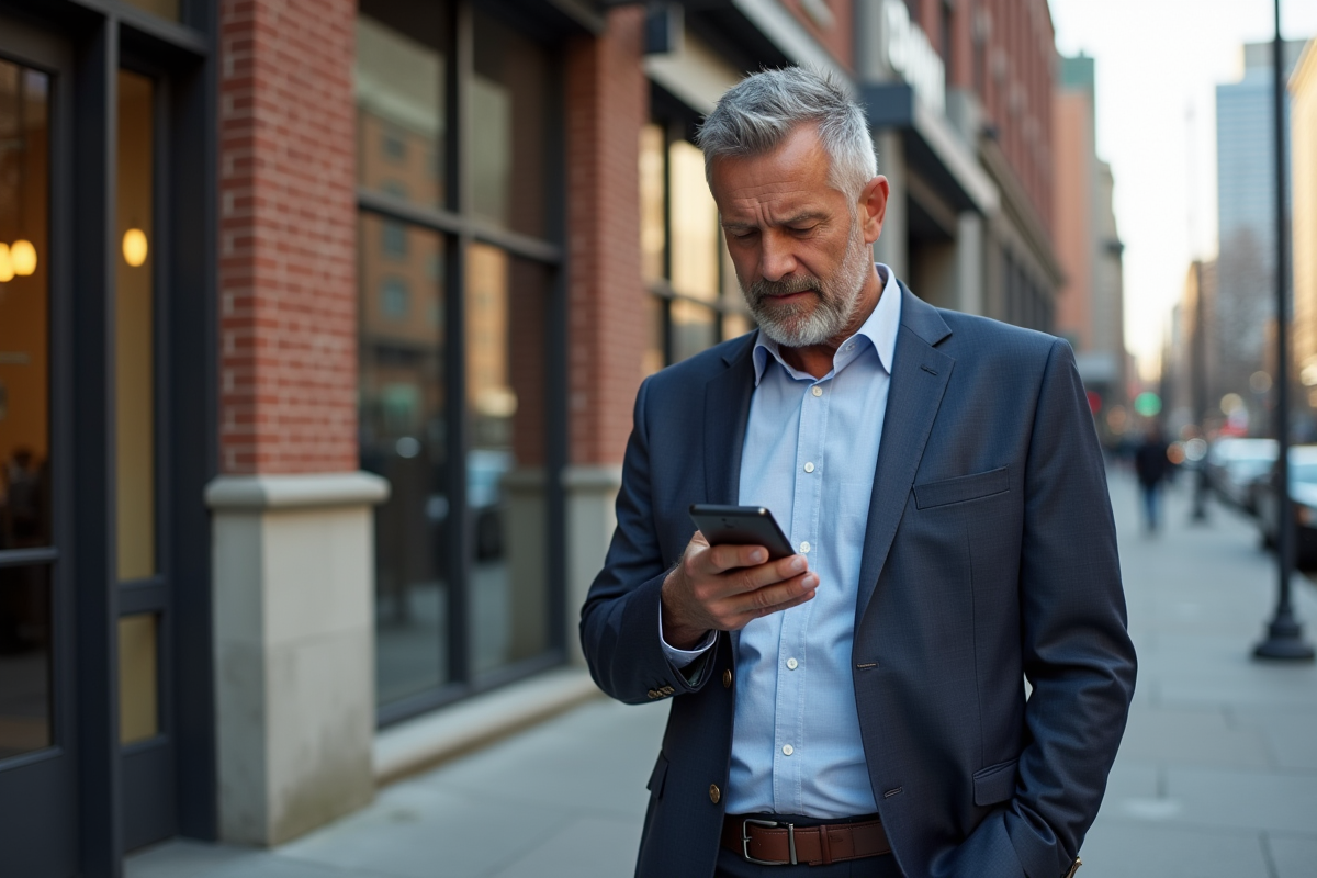 Homme d affaires lisant des nouvelles boursières sur son smartphone dehors