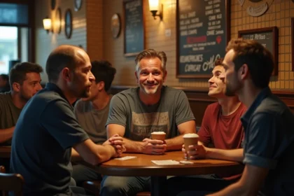 Homme en blague au bar parisien avec amis