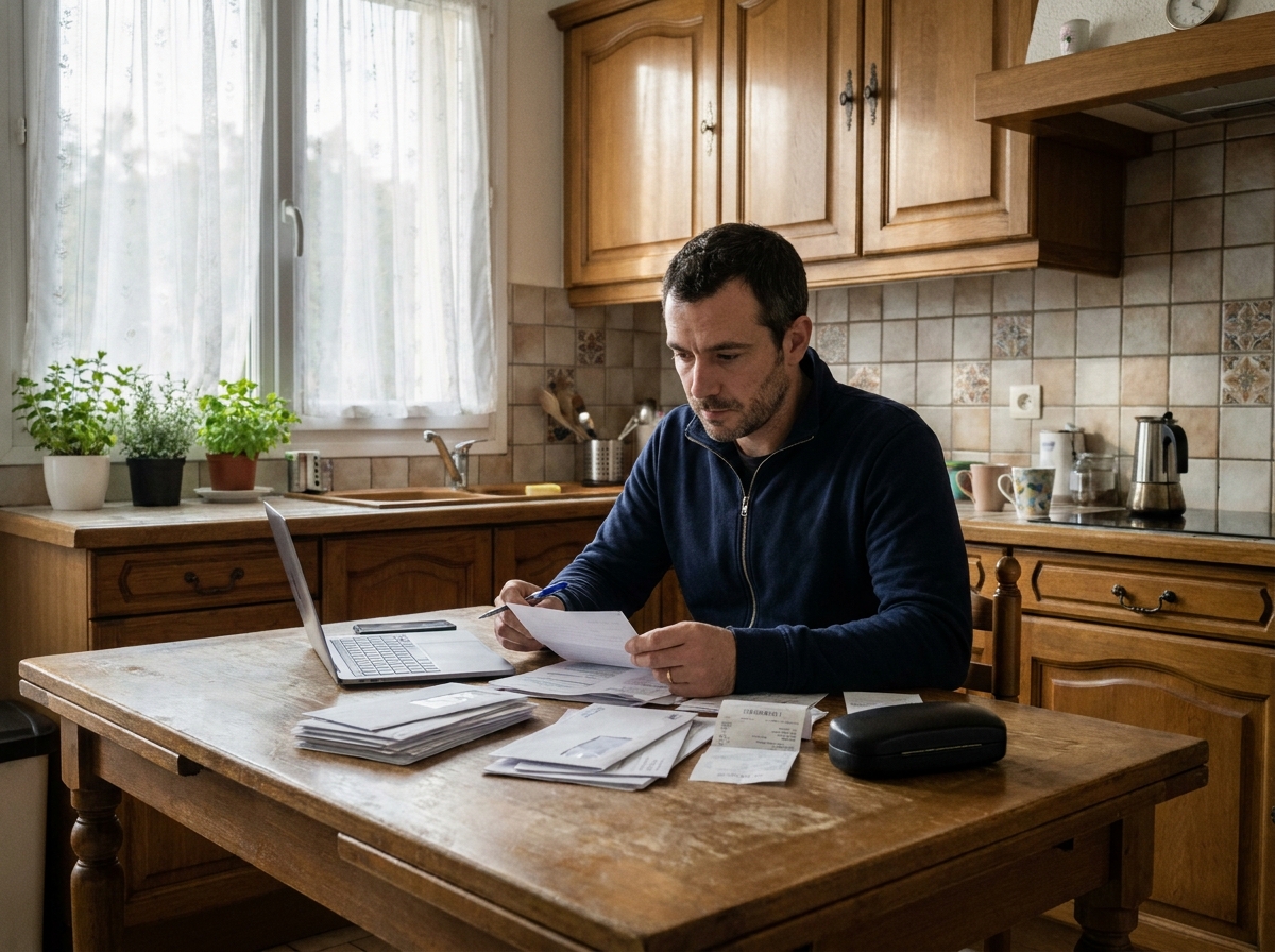 Homme consultant ses factures avec un étui à lunettes posé sur la table, symbolisant les dépenses reportées