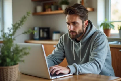 Homme détendu travaillant sur son ordinateur à la maison