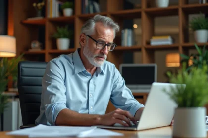Homme d'âge moyen au bureau vérifiant son smartphone