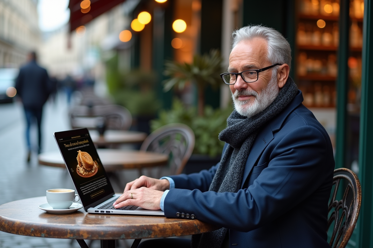 Homme élégant au café parisien naviguant sur un site de foie gras