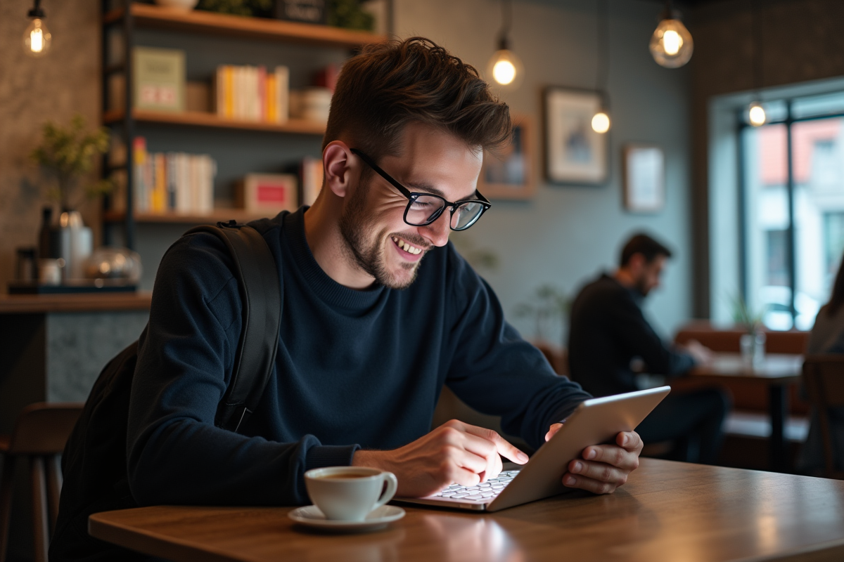 Homme au café consulte une tablette dans un environnement urbain chaleureux