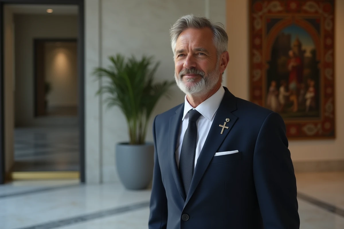 Homme daffaires en costume avec broche templier dans un bureau