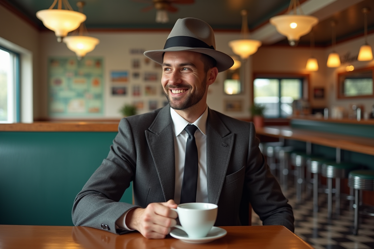 Homme en costume rétro au comptoir d