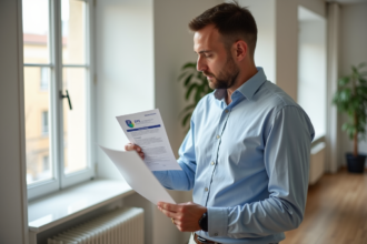 Homme d'âge moyen tenant un certificat DPE dans un appartement lumineux