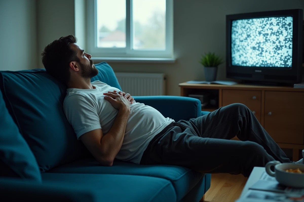 Homme allongé sur un canapé bleu marine qui regarde d'un air ennuyé des rediffusions à la télévision l'après-midi