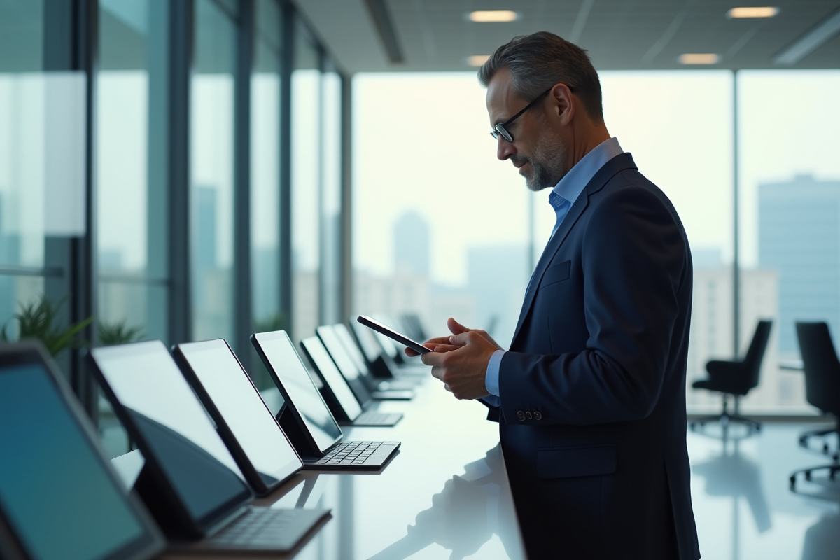 Homme professionnel examine des tablettes dans un showroom lumineux