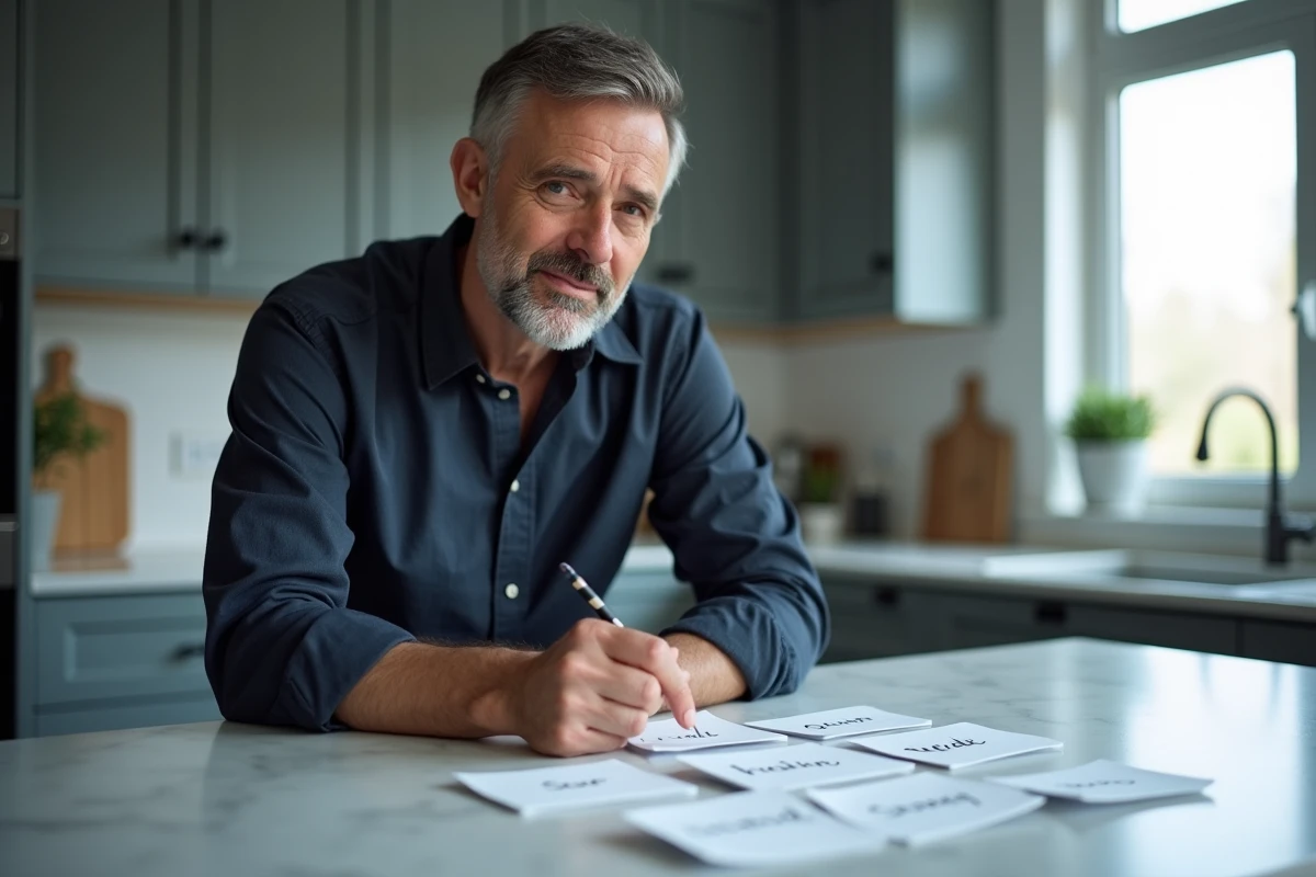 Homme consultant des fiches mnémotechniques pour retenir l'orthographe correcte d'allers-retours