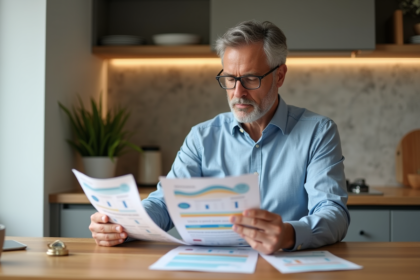 Homme d'âge moyen consulte brochures d'épargne à la maison