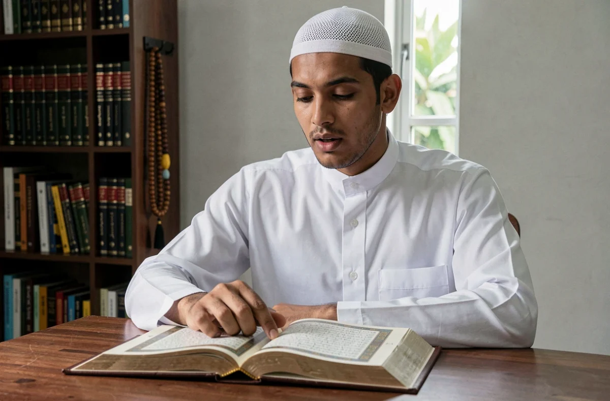 Jeune homme lisant le Coran à son bureau, symbolisant la récitation de la Duaa Istikhara avant une décision importante