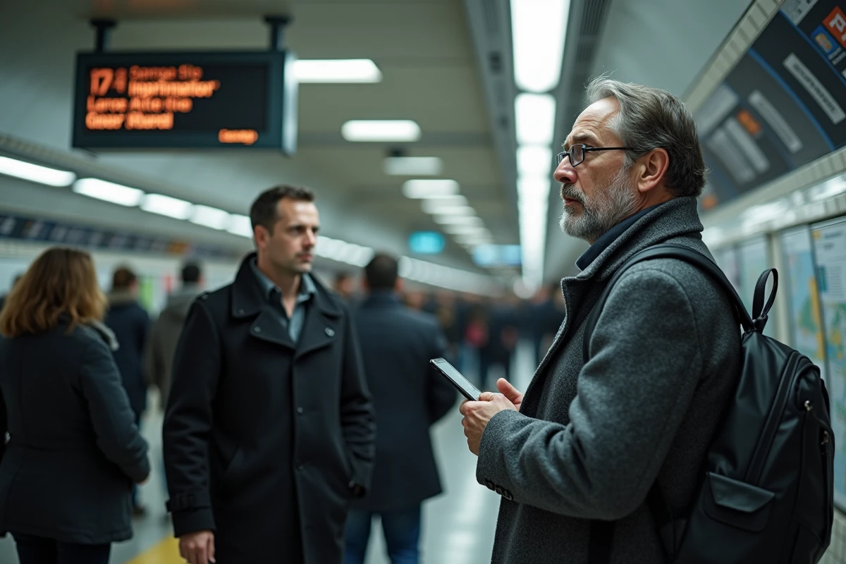 Homme lisant une notice dans une station de métro