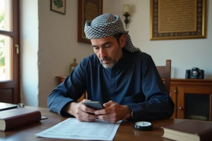 Homme musulman méditant avec smartphone et livres à Béziers