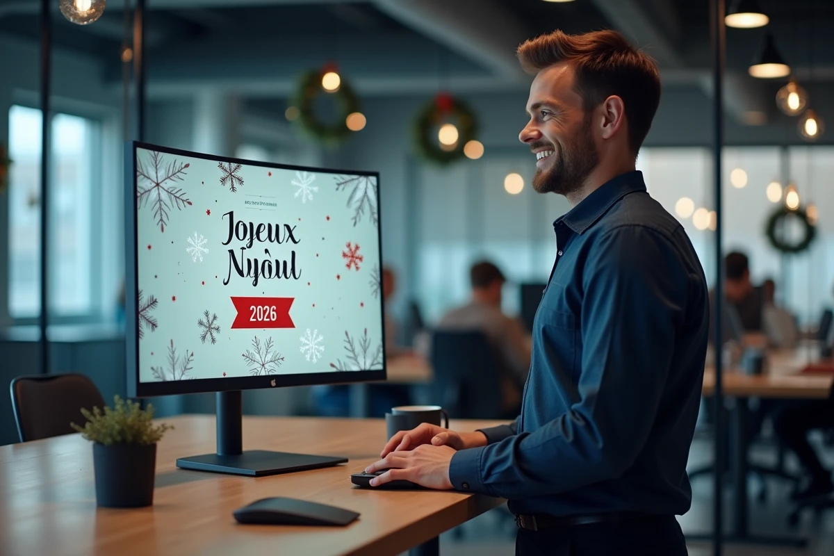 Homme en open space consultant un modèle d'email joyeux Noël 2026 sur son écran de bureau décoré