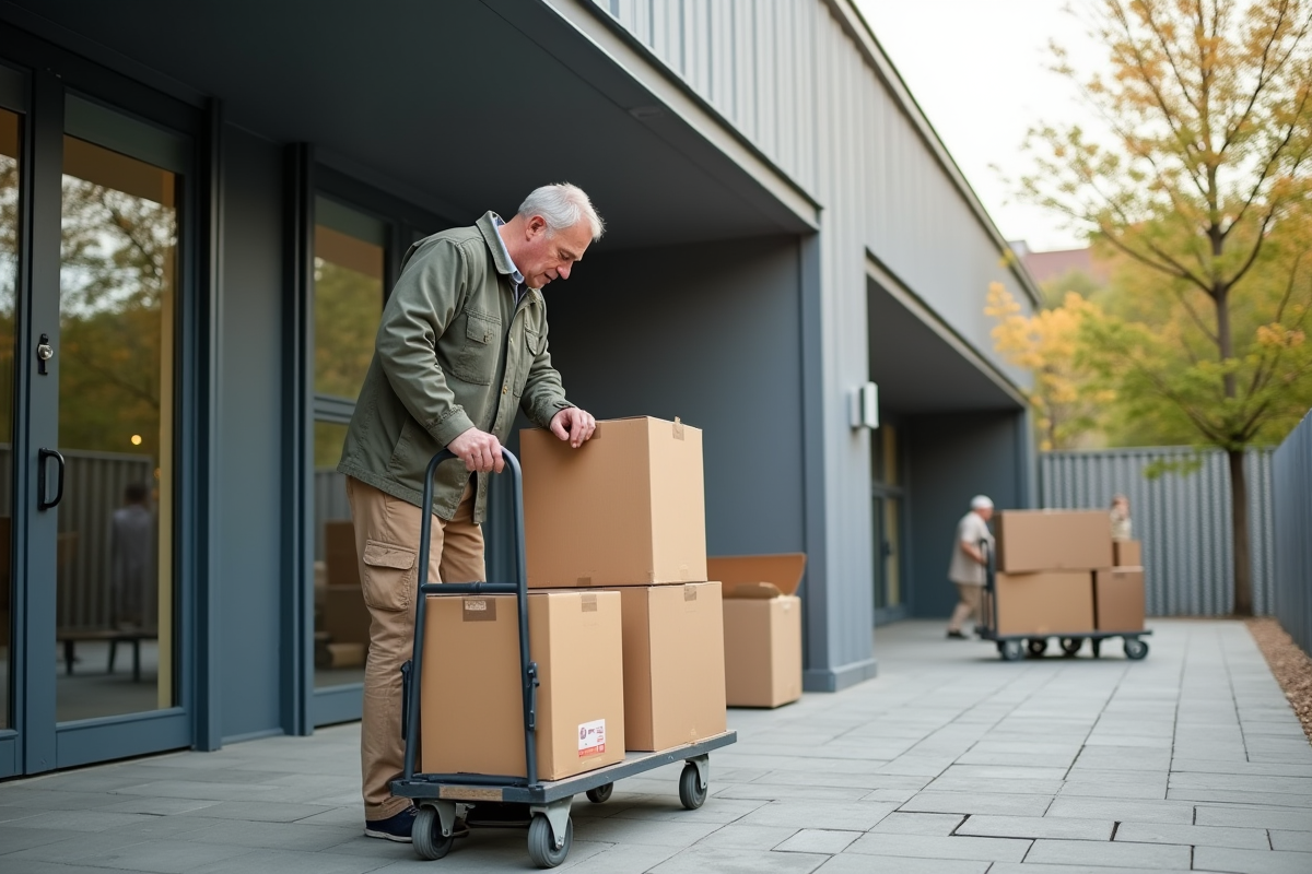 Homme organisant des cartons devant un centre de stockage à Lyon