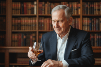 Portrait d'un homme d'âge mûr dégustant un vieux rhum dans une bibliothèque