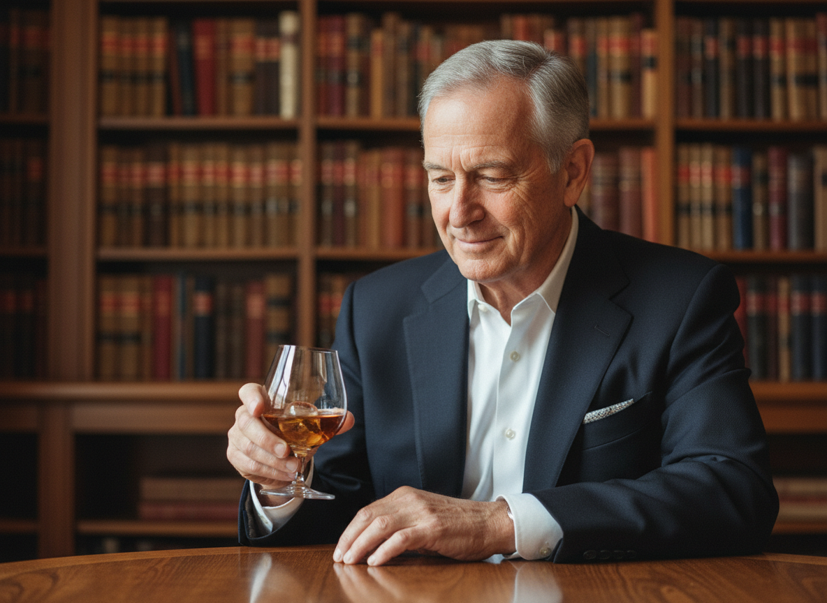 Portrait d'un homme d'âge mûr dégustant un vieux rhum dans une bibliothèque