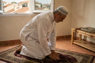 Homme en djellaba blanche en prière sur un tapis de prière dans un appartement avec vue sur Marseille