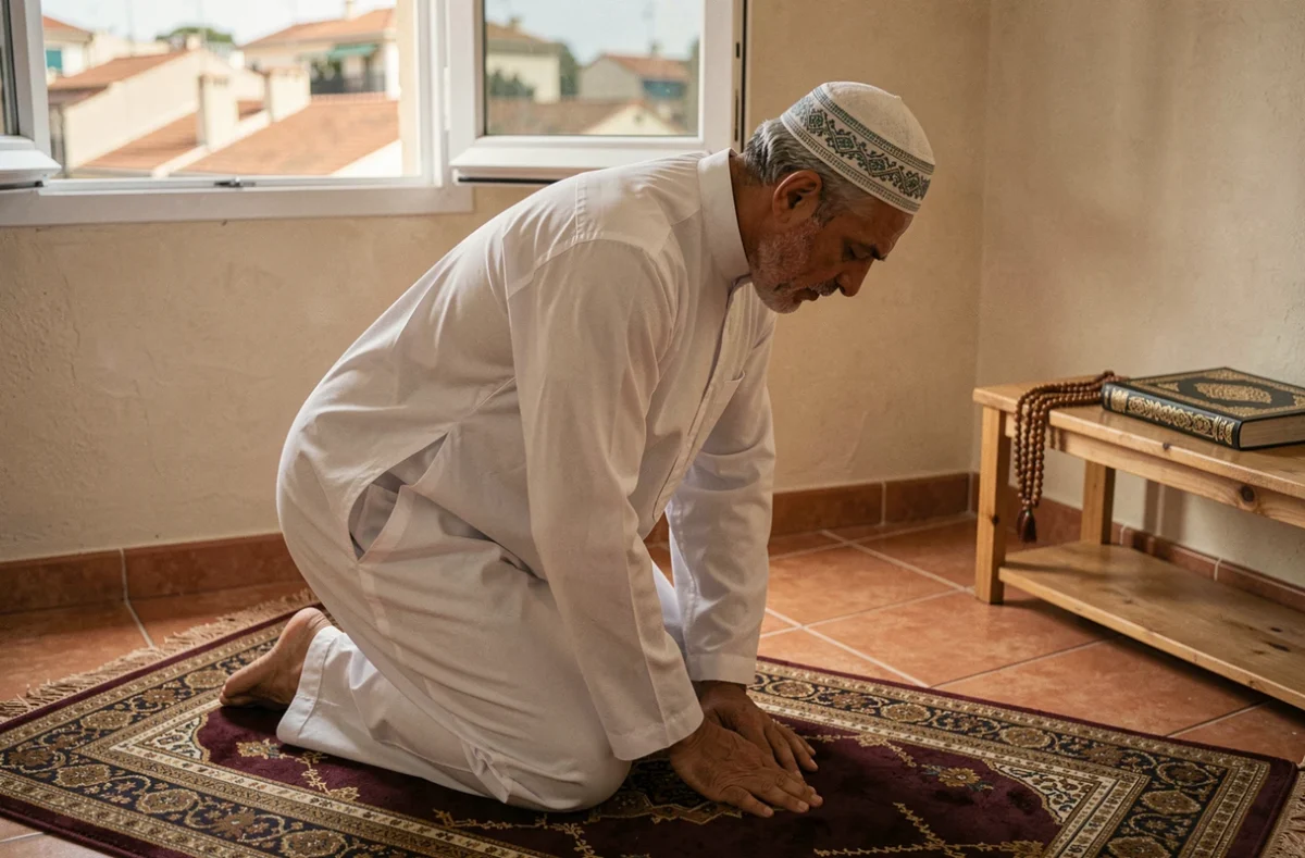 Homme en djellaba blanche en prière sur un tapis de prière dans un appartement avec vue sur Marseille