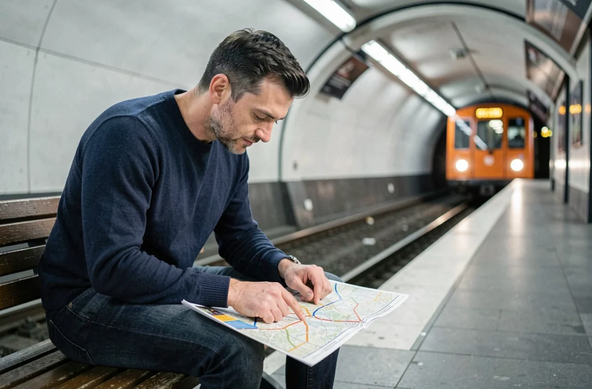 Homme assis sur un quai du métro parisien consultant un plan de ligne avec le doigt