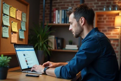 Homme consultant plusieurs onglets de navigateur pour suivre l'adresse changeante d'un site web comme Padraz