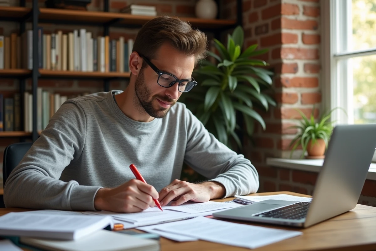 Homme relisant et corrigeant une formule de politesse dans un document imprimé avec un stylo rouge