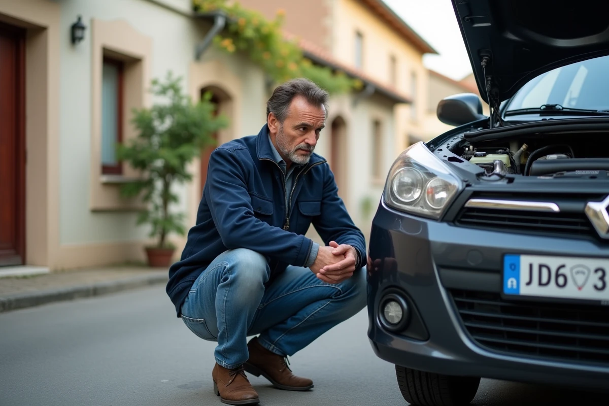 Homme en jeans et veste examine moteur voiture à Marignane