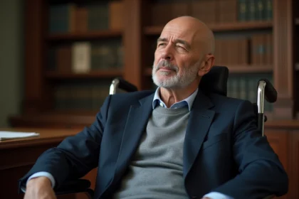 Homme mature en fauteuil dans une bibliothèque élégante