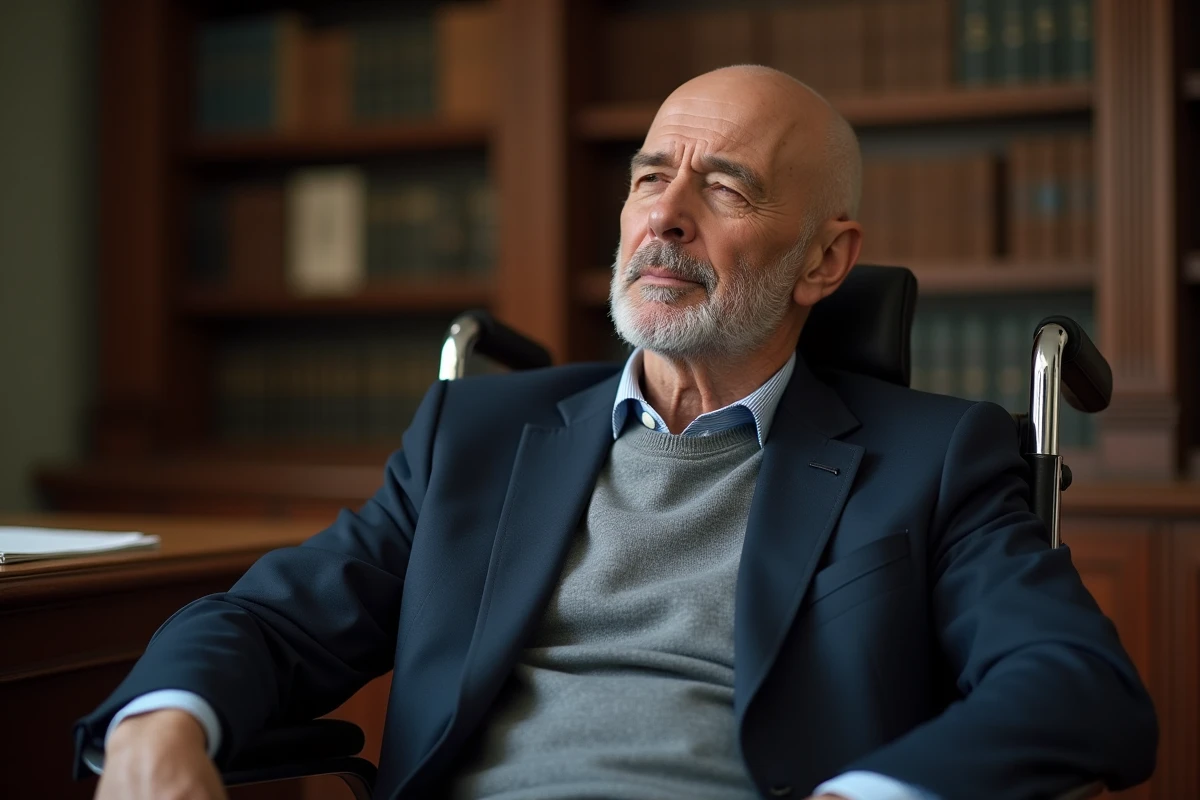 Homme mature en fauteuil dans une bibliothèque élégante