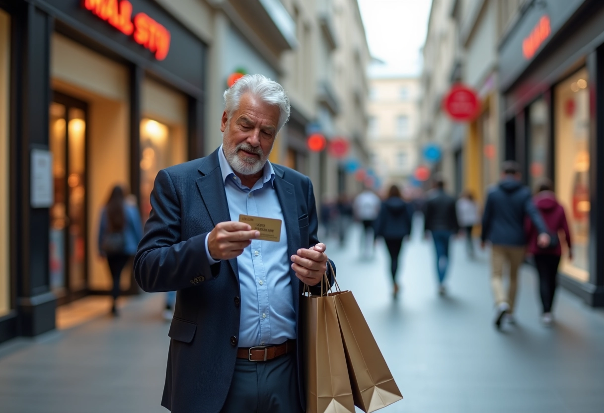 Homme avec sacs et bon cadeau devant un centre commercial