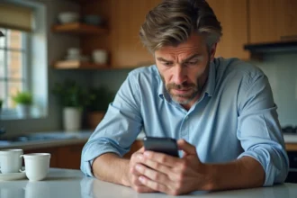 Homme d'âge moyen examine son smartphone dans une cuisine moderne